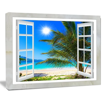 Design Art Window Open to Beach with Palm Extra Large Seashore Canvas Art Print