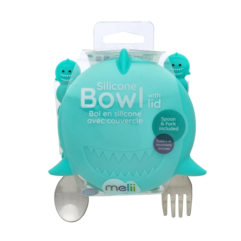 Melii Silicone Animal Bowl with Lid and Utensils - Blue Shark