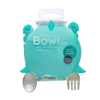 Melii Silicone Animal Bowl with Lid and Utensils - Blue Shark
