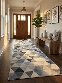 Tapis d'intérieur géométrique Branch Havana 2' x 30' (taille exacte : 2'3" x 30'), bleu beige, style côtier - Entrée, couloir, salle de bain et cuisine