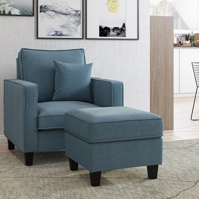 CorLiving Georgia Linen-Like Upholstered Square Ottoman with Wood Legs