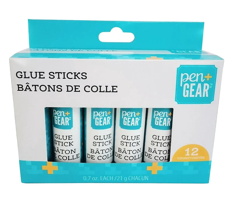 Colle bâton Pen+GEAR, 12 pièces × 21 g (0,7 oz), emballé en boîte en carton, temps de séchage : 5–10 minutes.