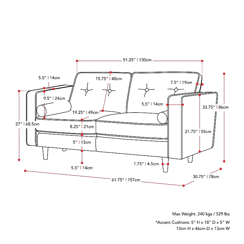 CorLiving Mulberry Fabric Upholstered Modern Indoor 2-Seater Loveseat with Tufted Back and 2 Bolster Cushions, Grey