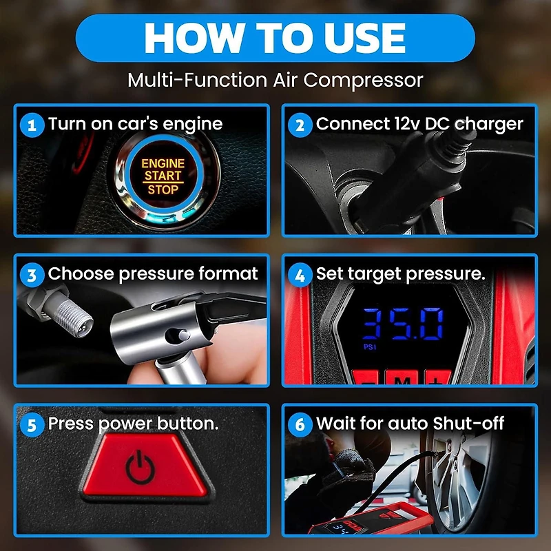 Gonfleur de pneu Bullseye 12 V CC – Gonflage rapide en 2 minutes, arrêt automatique, max 150 PSI, rangement facile du cordon, manomètre numérique, affichage LED