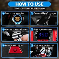 Gonfleur de pneu Bullseye 12 V CC – Gonflage rapide en 2 minutes, arrêt automatique, max 150 PSI, rangement facile du cordon, manomètre numérique, affichage LED
