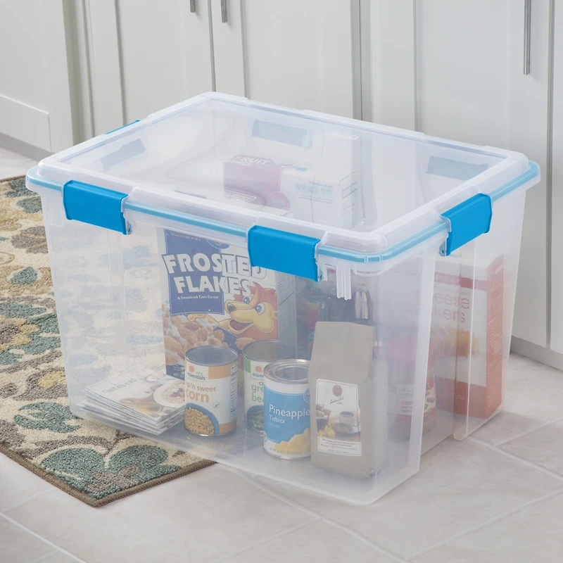 Sterilite 76 Liter Gasket Box, Weather-Resistant Large Clear Storage Bin with Latch Lid, Blue