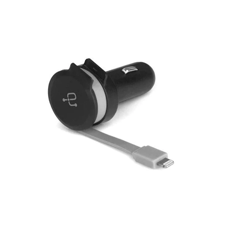 Aluratek Chargeur de voiture 4,8 A avec câble ruban Lightning Rolling intégré et port de charge USB.