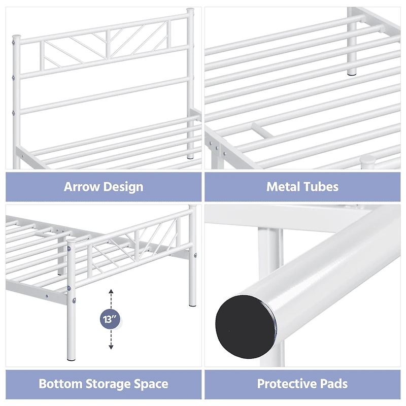 Fullfurnique Minimalist Metal Platform Bed with Arrow Design Headboard for Adult, Queen, White