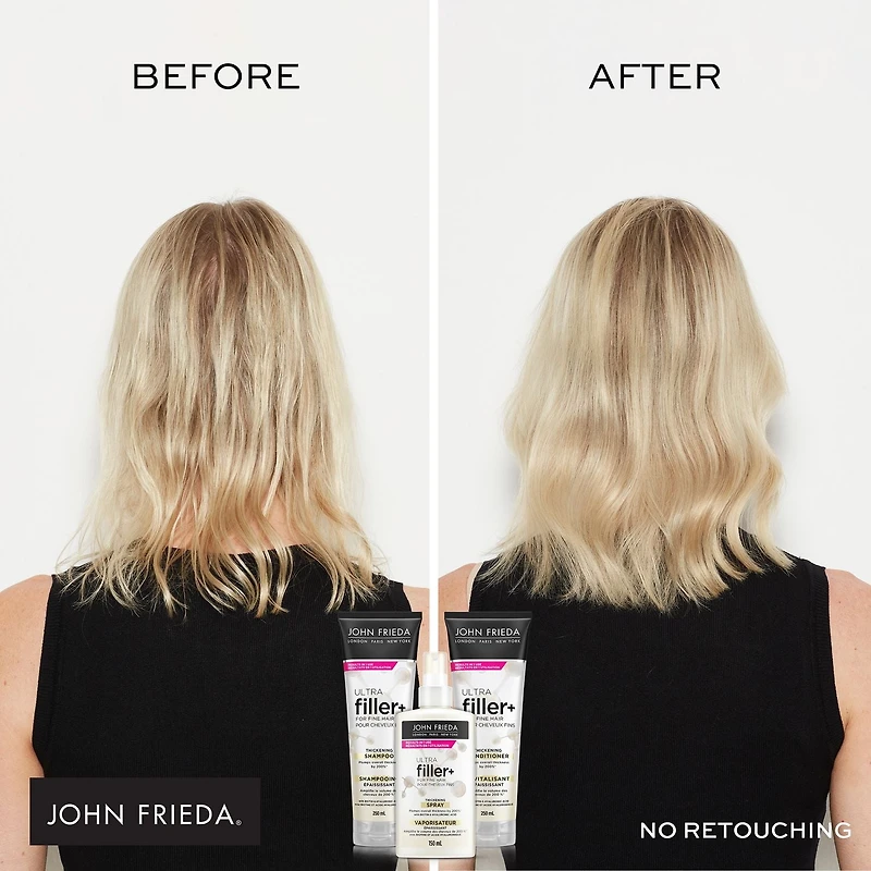John Frieda Ultra Filler+ Vaporisateur Épaississant pour les cheveux fins, avec biotine et d’acide hyaluronique, protège contre la chaleur, 250 mL 250 mL