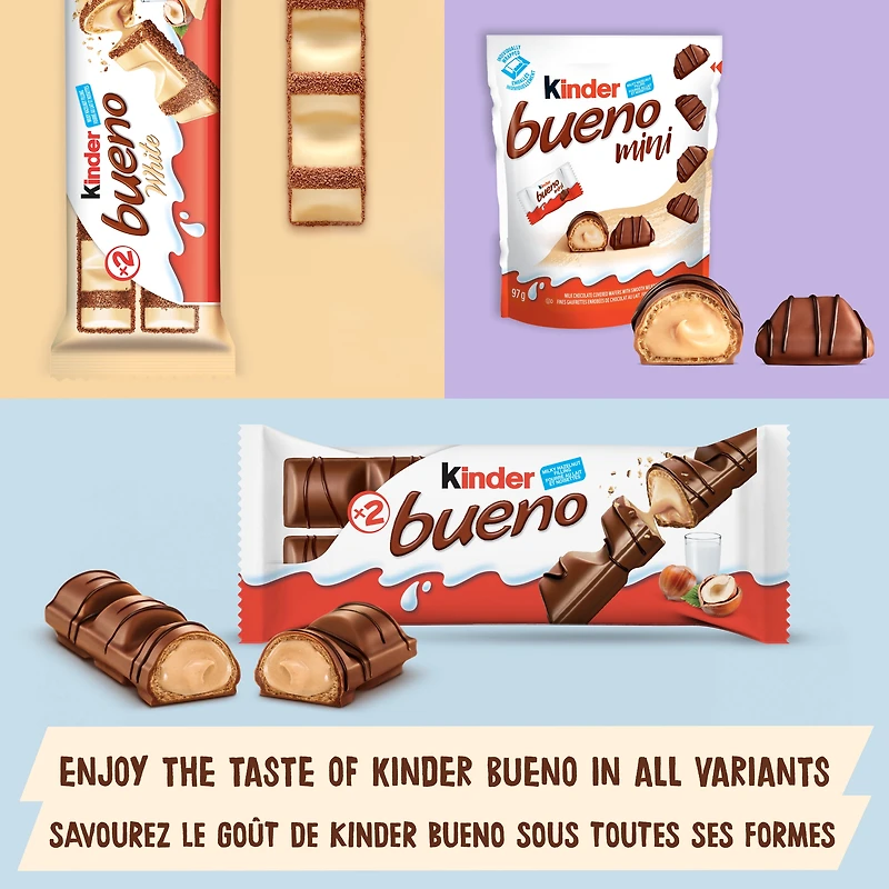 KINDER BUENO Mini Milk Chocolate and Hazelnut Cream Candy Bars, 27 Individually Wrapped Chocolates Per Bag, 145g