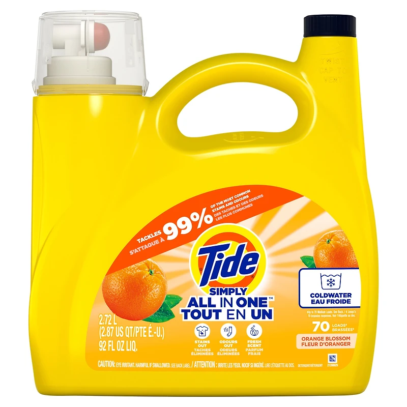 Détergent à lessive liquide Tide Simply Tout-en-un, parfum Fleur d’oranger, 70 brassées, 2,72 L