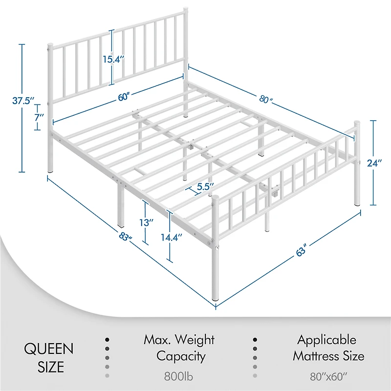 Fullfurnique Minimalist Metal Bed Frame with Vertical Bar Headboard and Footboard, Queen, White