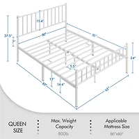 Fullfurnique Minimalist Metal Bed Frame with Vertical Bar Headboard and Footboard, Queen, White