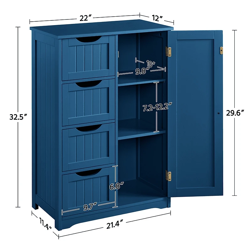 Fullfurnique Modern Wooden Freestanding Bathroom Floor Cabinet with 4 Drawers & Cupboard, Navy Blue