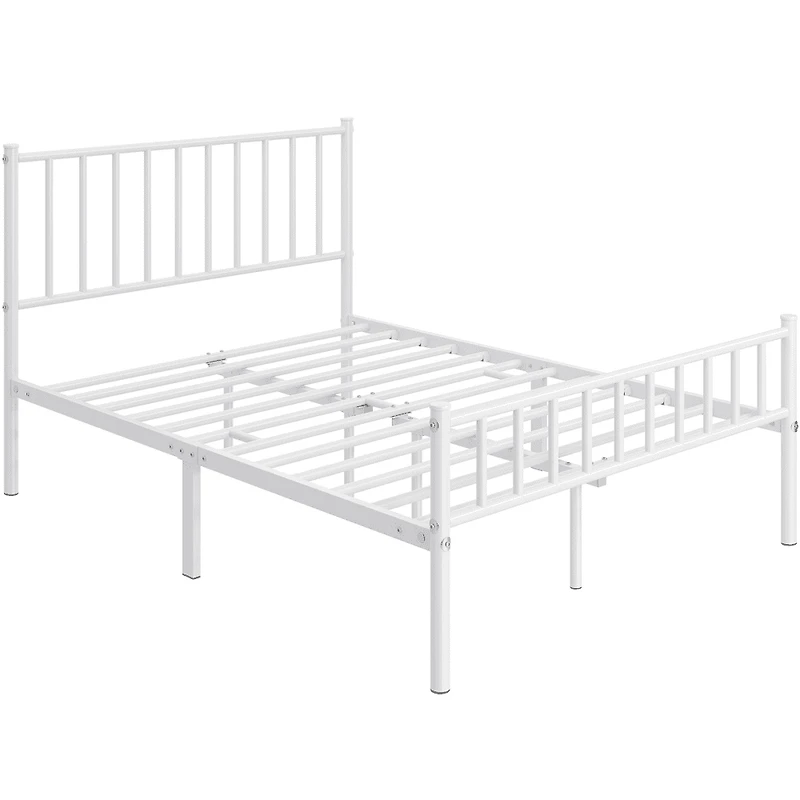 Fullfurnique Minimalist Metal Bed Frame with Vertical Bar Headboard and Footboard, Queen, White