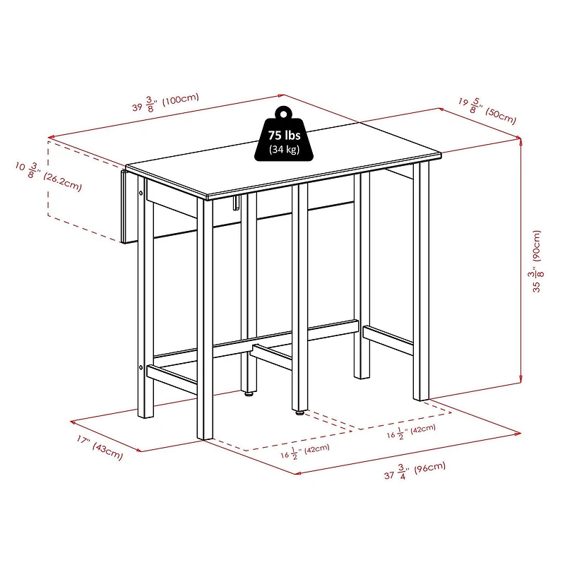 Table ilot Lynnwood à abattant avec 2 tabourets à pieds carrés en noyer