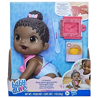 Baby Alive Lil Snacks Doll, Eats and "Poops," 8-inch Baby Doll Toy, Kids 3 and Up, Black Hair