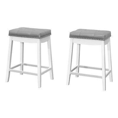 Monarch Specialties Tabouret De Bar, Lot De 2, Hauteur Du Comptoir, Siège De Selle, Cuisine, Bois, Pu D'aspect Cuir, Blanc, Gris, Transitionnel