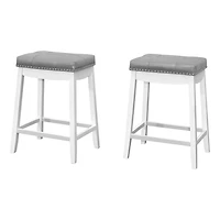 Monarch Specialties Tabouret De Bar, Lot De 2, Hauteur Du Comptoir, Siège De Selle, Cuisine, Bois, Pu D'aspect Cuir, Blanc, Gris, Transitionnel
