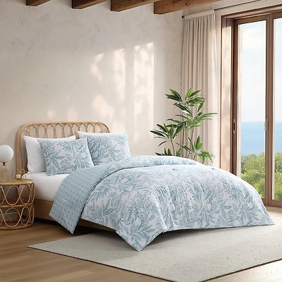 C&C California Printed Leaf Reversible Comforter Set, 100% Cotton, Breathable, All-Season Comfort , 3 piece, King, Blue