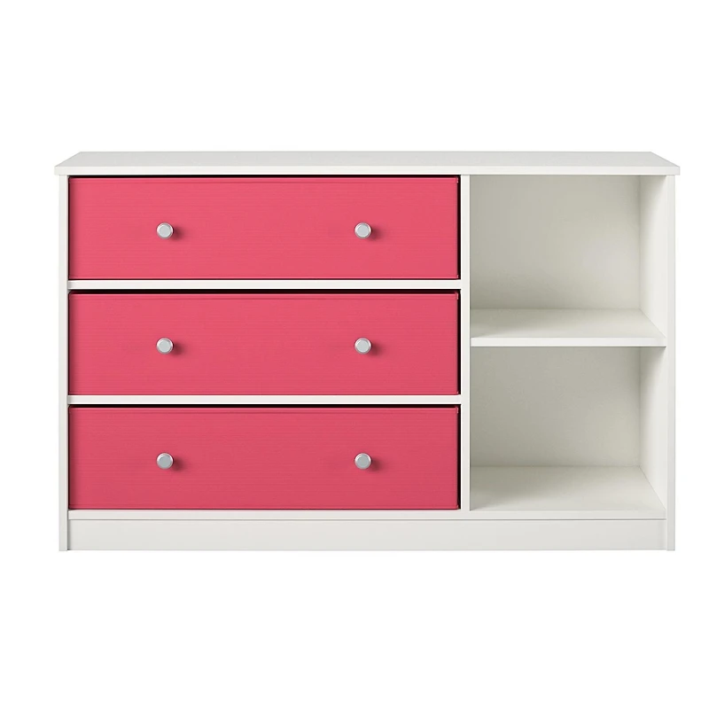 Grande commode et ses 3 tiroirs en tissu Mya Park d’Ameriwood Home, blanche et tiroirs verts