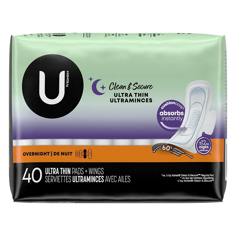 U by Kotex Clean & Secure Ultra Thin Overnight Pads with Wings, 40 Count