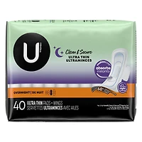 U by Kotex Clean & Secure Ultra Thin Overnight Pads with Wings, 40 Count