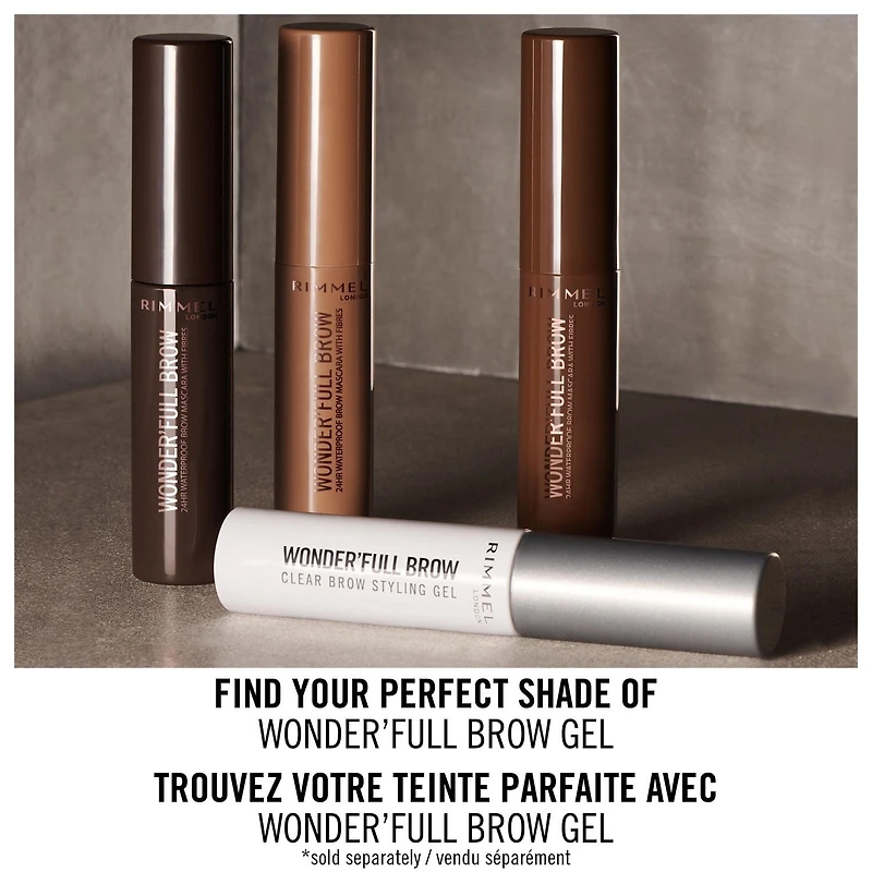 Rimmel Wonder'Full Brow Gel, Up to 24H wear, waterproof, Infused with 4 oils: Argan, Maracuja, Marula & Camellia oils, 100% Cruelty-Free, Fills and tames brows