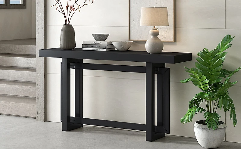 Noble House Table d'Entrée Peinte 59,1 Pouces, Console Design Triple Rectangle en Placage de Pin avec Pieds en Pin Épais, Extra Long, Noir