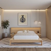 Lido Queen Size Bedroom Set with Slatted Bedframe, Wide Headboard with Lights and Shelves