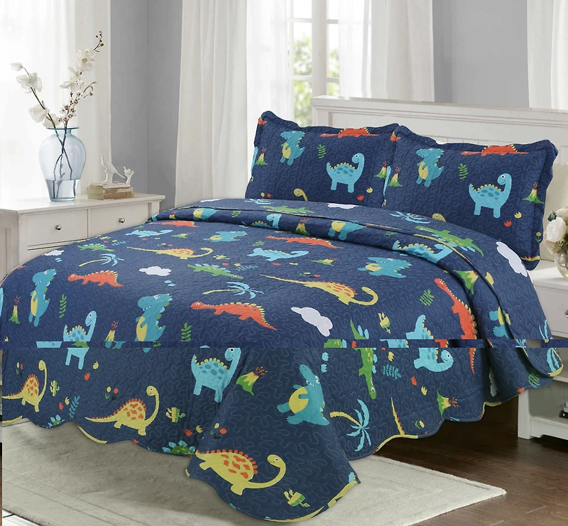 Marina Decoration Rich Printed Stitching Coverlet Bedspread Ultra Soft Summer Bedding Quilt Set with Quilted Sham, Dinosaur Zoo with Navy Blue Pattern