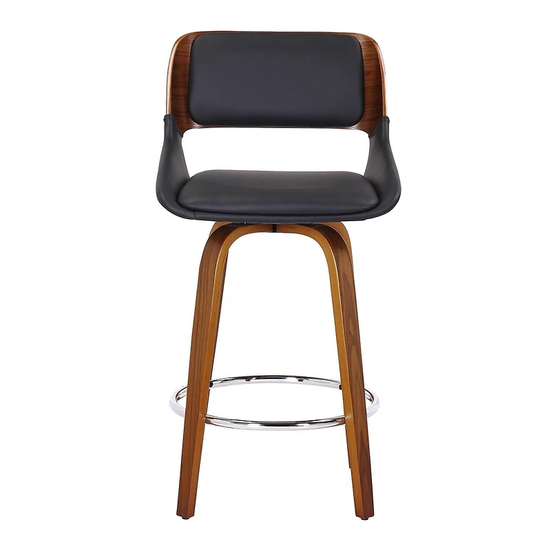 Tabouret de Comptoir, 26 po, avec Siège Pivotant Milieu du Siècle Moderne en Similicuir et Bois - Noir et Noyer