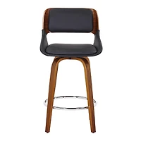 Tabouret de Comptoir, 26 po, avec Siège Pivotant Milieu du Siècle Moderne en Similicuir et Bois - Noir et Noyer