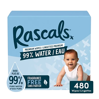 Rascals 99% Water Premium Wipes, Multipack, 480 Count, Baby Essential, Daily Use