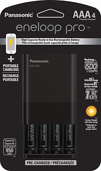 Panasonic Eneloop Chargeur de batterie individuel avec technologie de charge portable et 4 piles rechargeables AAA Eneloop Pro