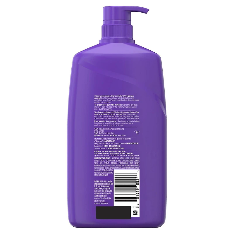 Aussie Miracle Waves Anti-Frizz Hemp Paraben-Free Shampoo, 778 mL