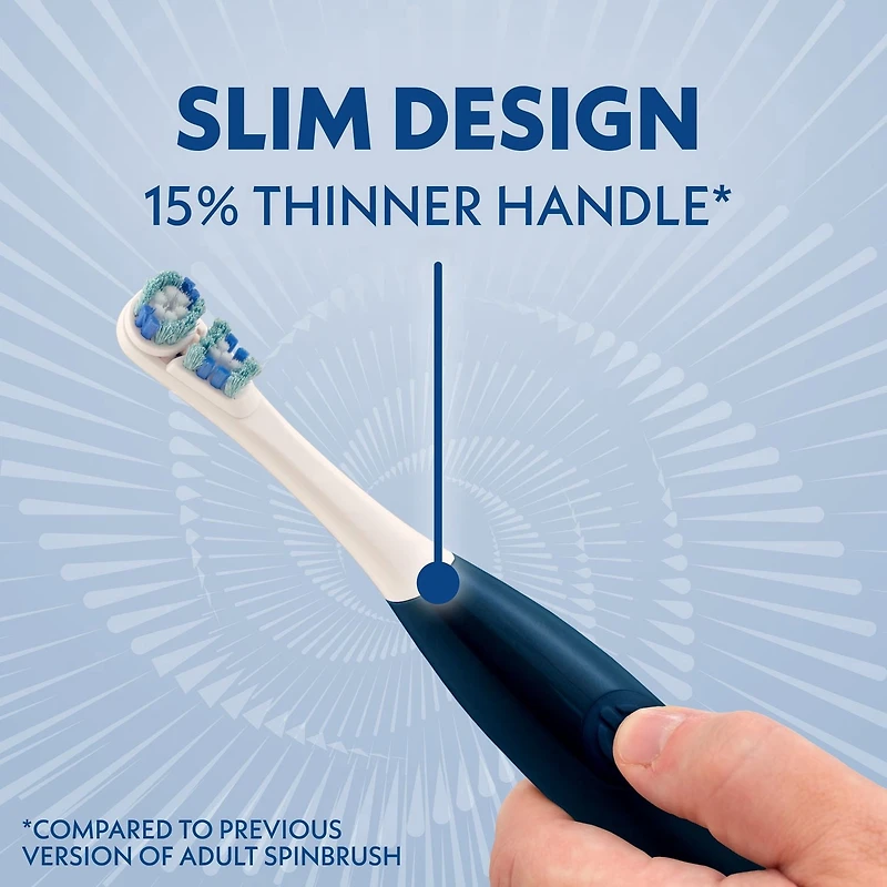 Brosse à dents électrique à pile Spinbrush Smart Clean pour adultes avec tête à double action, compteur et minuterie, Bleu nocturne, soies souples, 1 unité