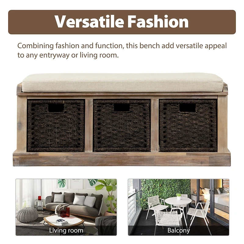 Banc de rangement rustique Noble House avec 3 paniers amovibles en rotin classique, couleur espresso