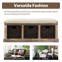 Banc de rangement rustique Noble House avec 3 paniers amovibles en rotin classique, couleur espresso