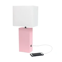Elegant Designs Modern Leather Table Lamp with USB and White Fabric Shade