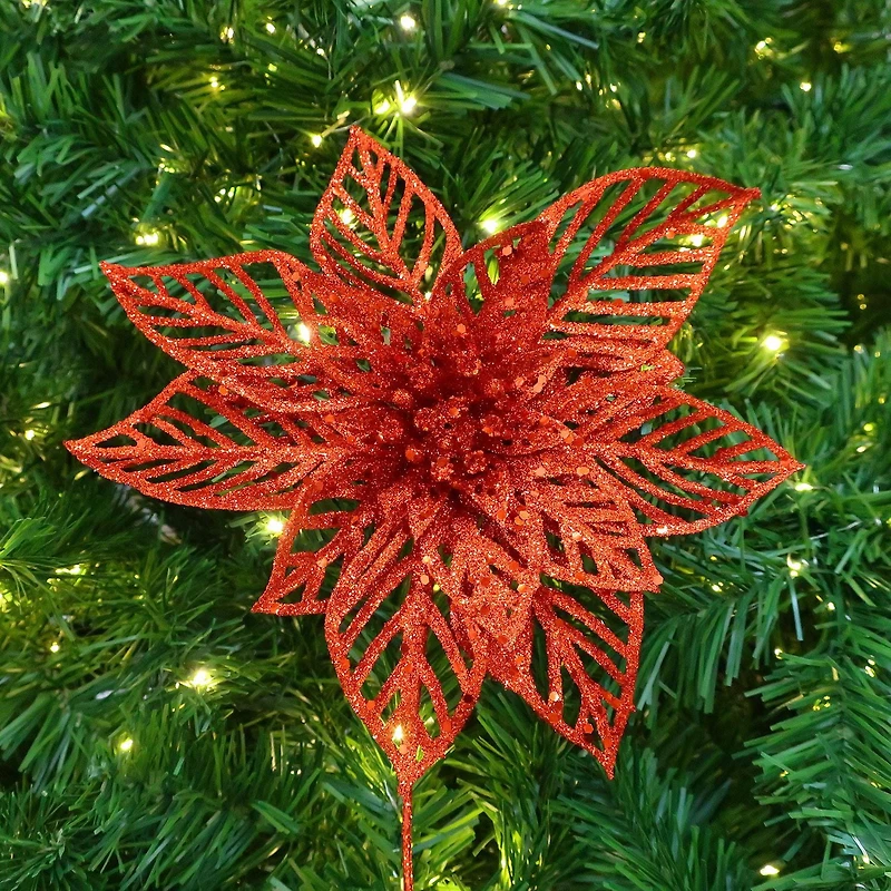 Holiday Time Branche de Poinsettia à Paillettes Rouge 9"