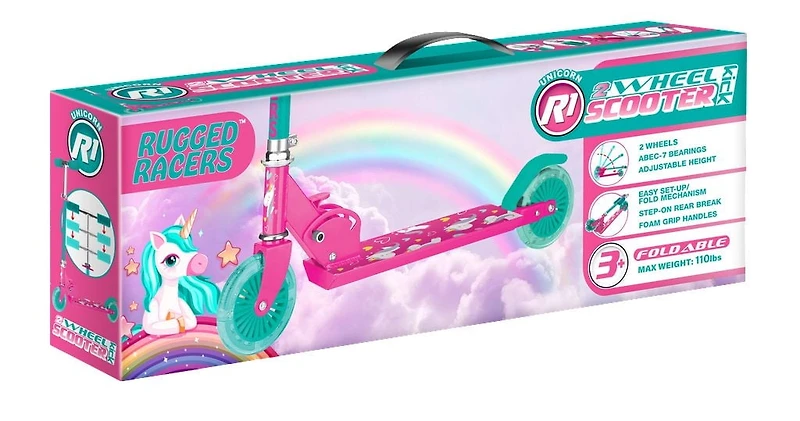 Rugged Racers – Trottinette pliable à 2 roues pour enfant avec design de licorne et roues lumineuses