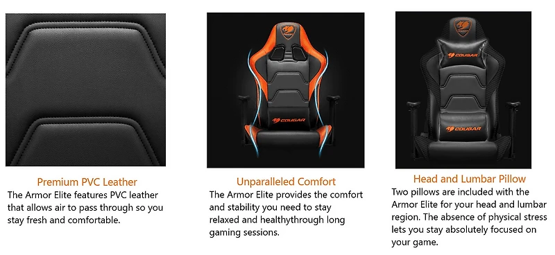 Chaise de gaming Cougar Armor Elite - Cuir PVC avec dossier inclinable jusqu'à 160º, accoudoirs 2D réglables et mécanisme d'inclinaison ajustable, coussins pour la tête et les lombaires