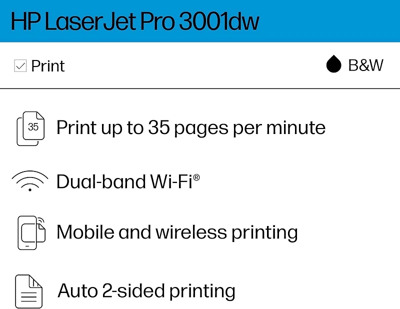 Imprimante monochrome sans fil HP LaserJet Pro 3001dw