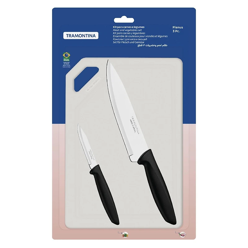 Tramontina Plenus Cutlery Ensemble de 3 couteaux et planches à découper en acier inoxydable 18/0 avec poignées en polypropylène noir