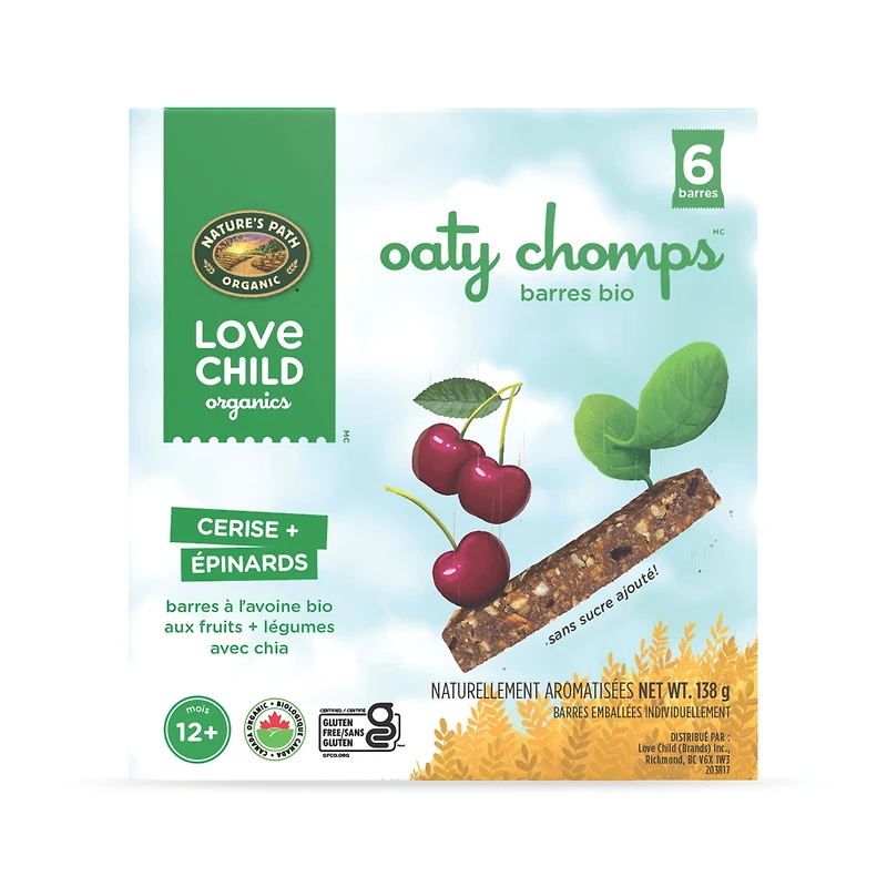 Love Child Organics Oaty Chomps Cherry + Spinach Snack Bar 138g Box, 6 x 23 g