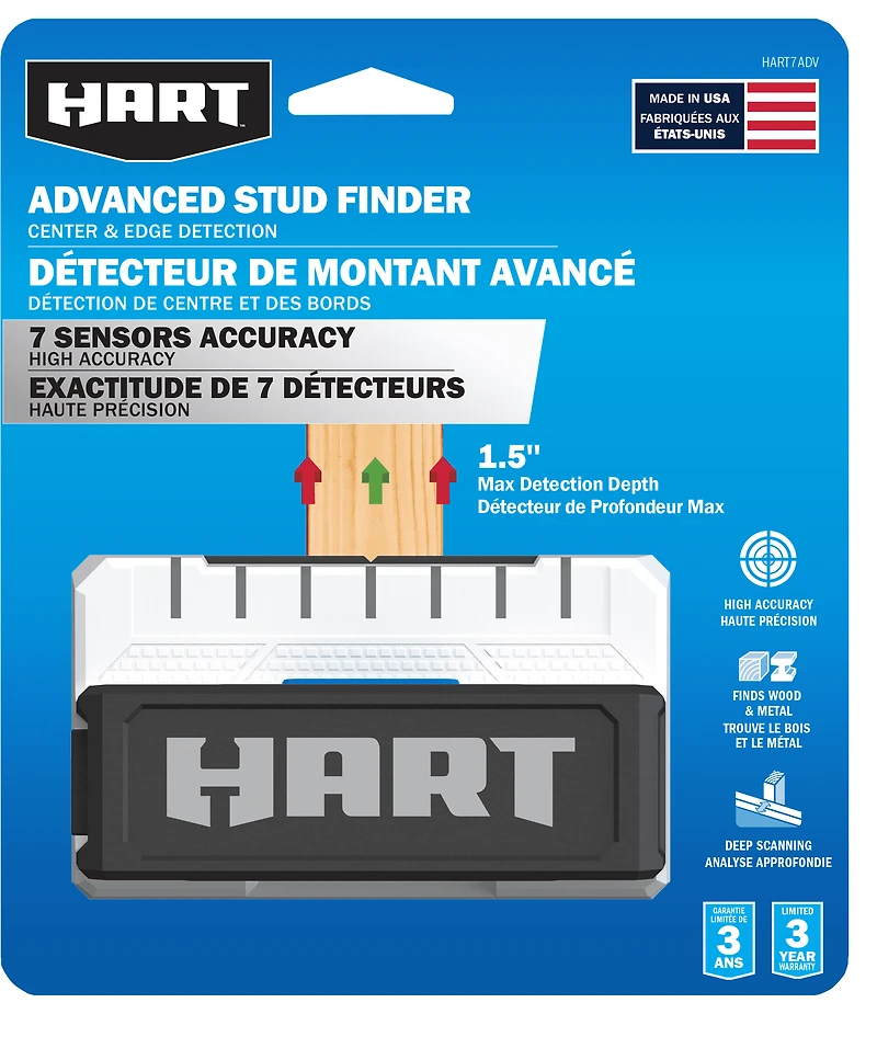HART Advanced Whole Stud Detector Stud Finder with 7 Sensors, AAA Battery Powered, Not Included