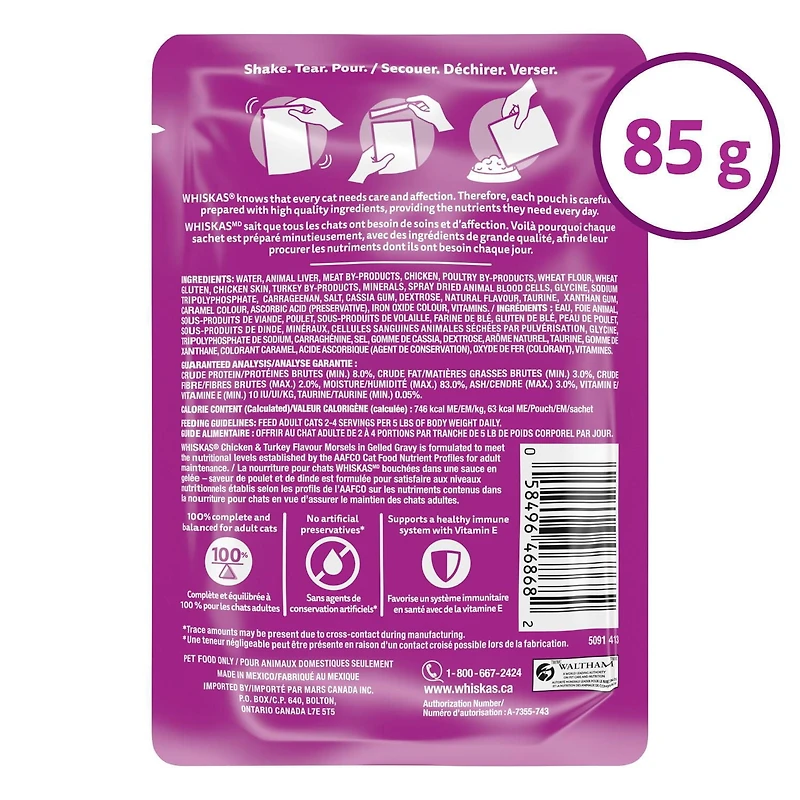 Nourriture humide pour chats adultes WHISKAS FAVORIS bouchées dans une sauce en gelée – saveur de poulet et de dinde
