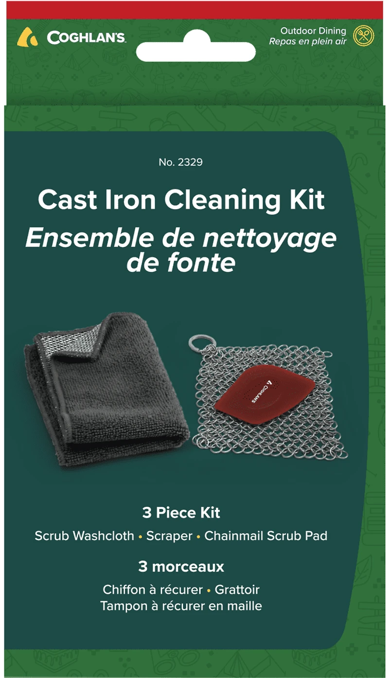 Coghlan's — Kit de nettoyage pour fonte 3 pièces : écouvillon en maille métallique, grattoir en polycarbonate et chiffon double face