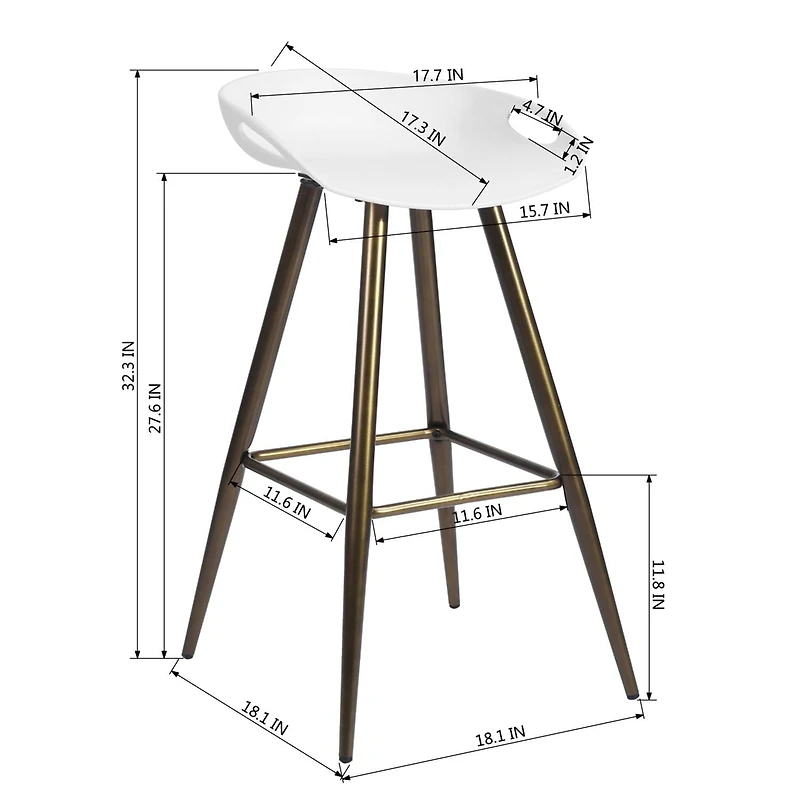 Lot de 2 tabourets de bar modernes, tabourets de bar à hauteur de comptoir avec pieds dorés et repose-pieds, chaises de bar sans accoudoirs pour îlot de cuisine, bureau à domicile, noir